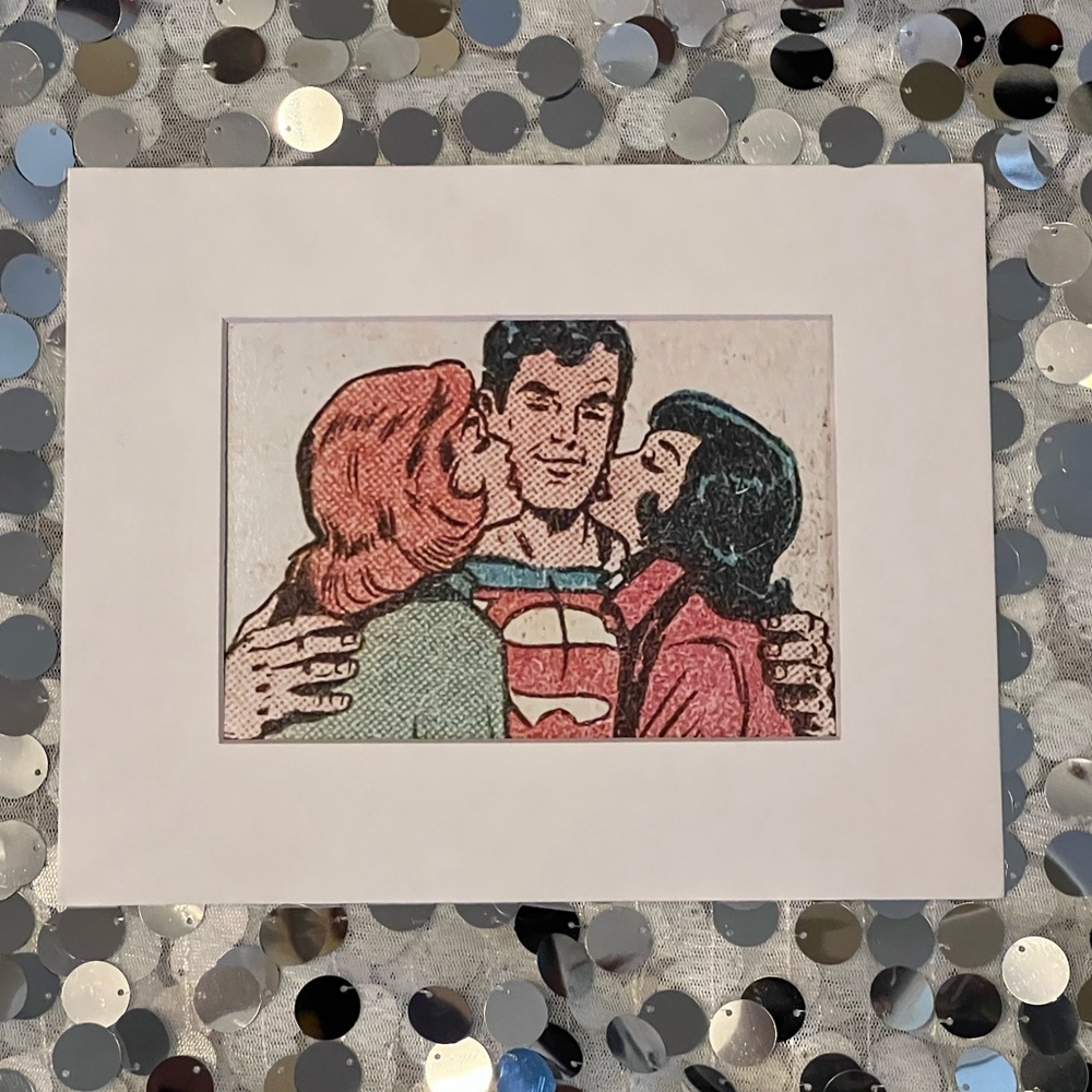 Superman kiss comic Art matted hero Lana Lois Lane